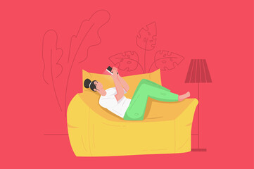 People sit in gadgets modern flat concept. Happy woman browsing feed social media from mobile phone while lying on huge armchair at home. Vector illustration with character scene for web banner design