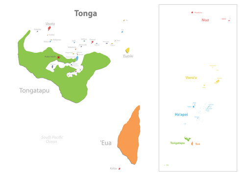 Tonga map, administrative division, separate regions with names, color map isolated on white background vector
