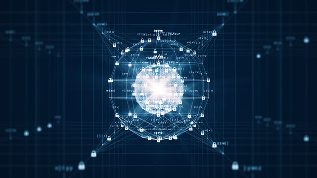 cybersecurity and big data protection technology concept background image. The interconnected small binary padlock polygons form a glowing inner sphere. dark background.