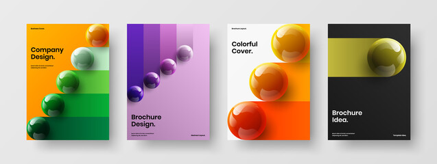 Bright front page A4 vector design template bundle. Minimalistic realistic spheres corporate identity concept collection.