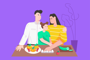 Healthy family and relationship modern flat concept. Happy dad, mom and daughter cooking dinner and preparing vegetables at home kitchen. Vector illustration with people scene for web banner design