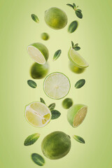 Levitating Lime slices with leaves on a green background.