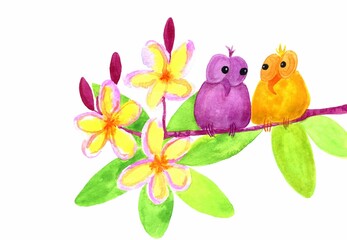 watercolor cute birds sitting on a plumeria branch with blooming flowers on  white background. Hand-drawn spring greeting card © Helen Pitt