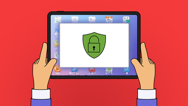 Cartoon male hands hold tablet on red gradient background, pop up window with new antivirus notification icon on display. Hands use tablet mockup. Horizontal banner push Illustration virus maleware 