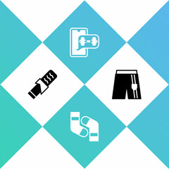 Set Protein sport bar, Socks, Fitness app and Short pants icon. Vector
