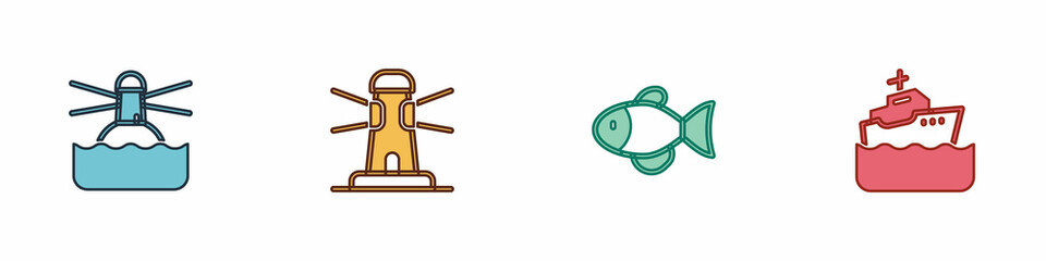 Set Lighthouse, Fish and Cruise ship icon. Vector