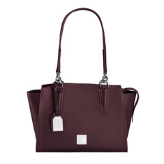 Dark maroon medium sized handbag of genuine leather with two handles isolated on white