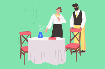 Dinner at restaurant modern flat concept. Waiter greets female visitor and sits down her at table. Happy woman visits cafeteria for dining. Vector illustration with people scene for web banner design