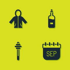 Set Raincoat, September calendar autumn, Honey dipper stick and Bottle of wine icon. Vector