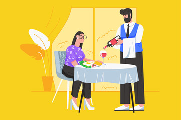 Dinner at restaurant modern flat concept. Waiter pours wine into glass of visitor. Woman enjoying meals while sitting at table at cafeteria. Vector illustration with people scene for web banner design