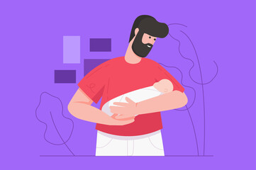 Newborn care in young family modern flat concept. Happy father holding and hugging sleeping baby. Fatherhood, relationship and childhood. Vector illustration with people scene for web banner design