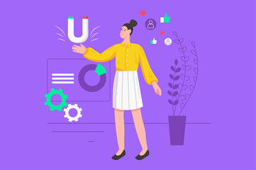 Marketing and advertisement modern flat concept. Female marketer with magnet promotes business, develops strategy and increases profit. Vector illustration with people scene for web banner design