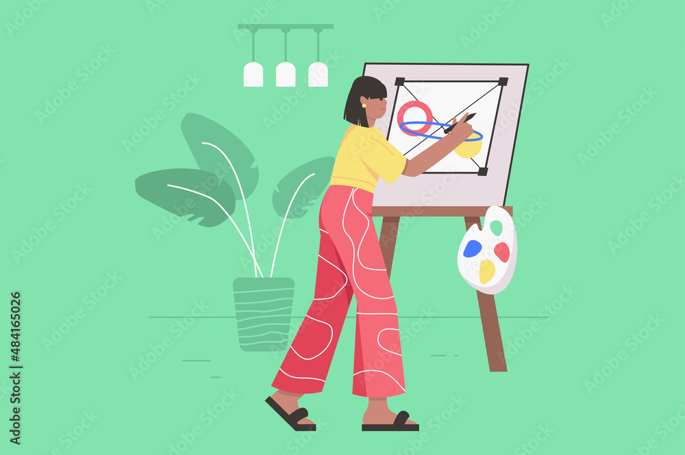 Poster designer working at design studio modern flat concept. woman illustrator draws geometric shapes on c