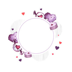 Lilac sweets, candies and hearts. Ready template postcards, covers. Round format. Watercolor illustration on the theme of Valentine's Day. Isolated white background.
