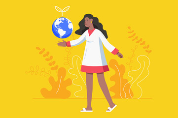 Earth day holiday celebration modern flat concept. Woman pointing at planet, taking care of nature and environment, eco friendly activist. Vector illustration with people scene for web banner design