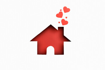 Valentines Day, 8th march or mother day card design idea. Voluminous red house on a white background with red hearts