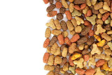 a bunch of dry animal feed is isolated on a white background. Top view