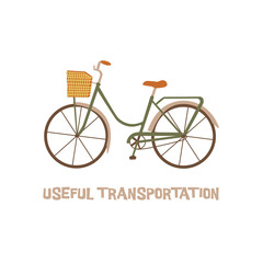 Elegant city bicycle with a basket. Useful transportation. Colorful vector isolated illustration hand drawn. Bicycle day. Sports Equipment cycling transport