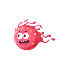 Fotobehang Cartoon virus cell vector icon, cute bacteria or germ mascot character with funny face and sharp teeth. Smiling pathogen microbe monster, micro organism smiling. Pink cell move isolated sign © Vector Tradition