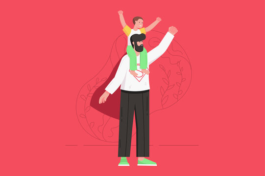 Fathers day holiday celebration modern flat concept. Happy son rides on his father's shoulders. Dad in superhero costume plays with child. Vector illustration with people scene for web banner design