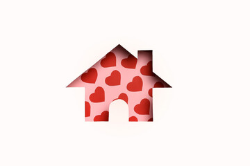 Valentines Day, 8th march or mother day card design idea. Voluminous pink house on a white background with pattern of red hearts.