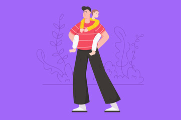 Fathers day holiday celebration modern flat concept. Happy son rides on his father's back. Dad holding his little kid and playing outdoors. Vector illustration with people scene for web banner design