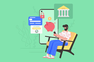 Online banking services modern flat concept. Man saves money, invests and keeps personal funds in account using secure mobile application. Vector illustration with people scene for web banner design