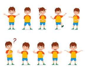 Cartoon boy with different emotions and expressions. Cute kid vector character in shirt and shorts with various emotion face. Happy, sad, smiling and laughing, crying, angry or worried
