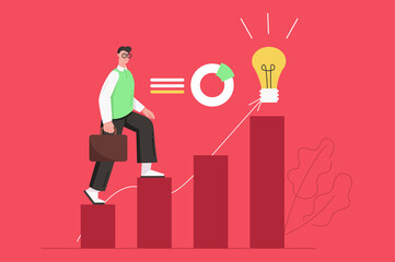 Startup and launch new business modern flat concept. Businessman with briefcase walks steps up career ladder. Ambition and goal achievement. Vector illustration with people scene for web banner design