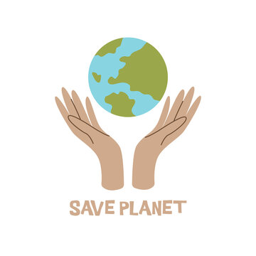 Hands holding the plane. Inscription save planet. Earth Hour. Colorful vector hand drawn isolated illustration. Print, poster or card