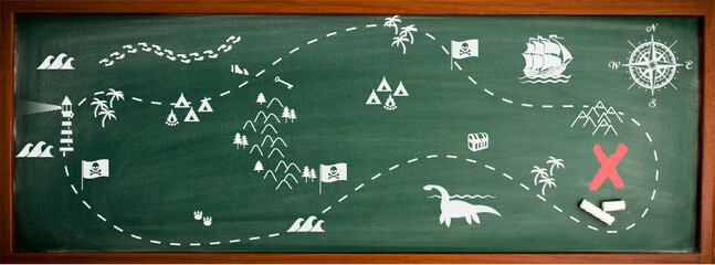 illustrazione vettoriale mappa del tesoro caccia ricerca percorso ostacoli indizi impronte montagna tenda mostro abeti alberi bandiere accampamento pale deserto bosco - obrazy, fototapety, plakaty