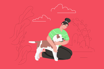 Cute pets and their owners together modern flat concept. Happy woman sitting and hugging her dog. Young girl spending time with puppy. Vector illustration with people scene for web banner design