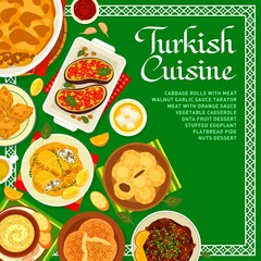 Turkish cuisine menu cover template with halal food vector dishes. Vegetable moussaka, beef meat with orange sauce and nut tarator, flatbread pide, baklava, stuffed eggplant and date dessert