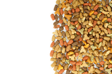 a bunch of dry animal feed is isolated on a white background. Top view