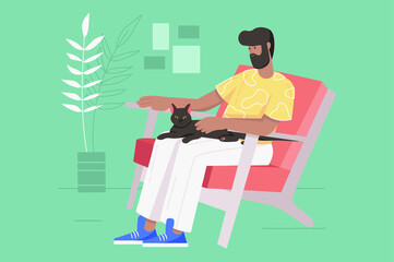 Cute pets and their owners together modern flat concept. Man sits in chair and hugs his cat. Young guy spends time with kitten at home. Vector illustration with people scene for web banner design