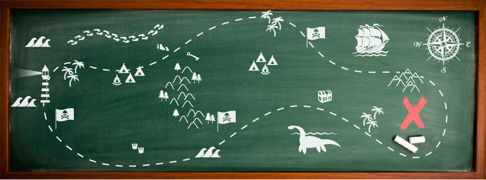 illustrazione vettoriale mappa del tesoro caccia ricerca percorso ostacoli indizi impronte montagna tenda mostro abeti alberi bandiere accampamento pale deserto bosco