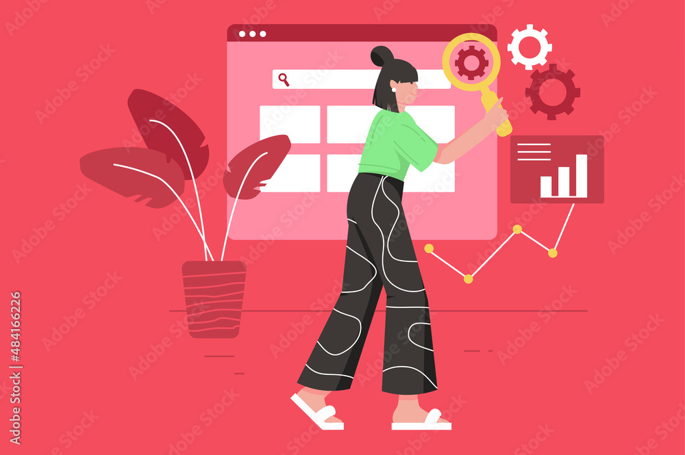 Aufkleber seo optimization service modern flat concept. woman sets up search in browser, analyzes data on quer