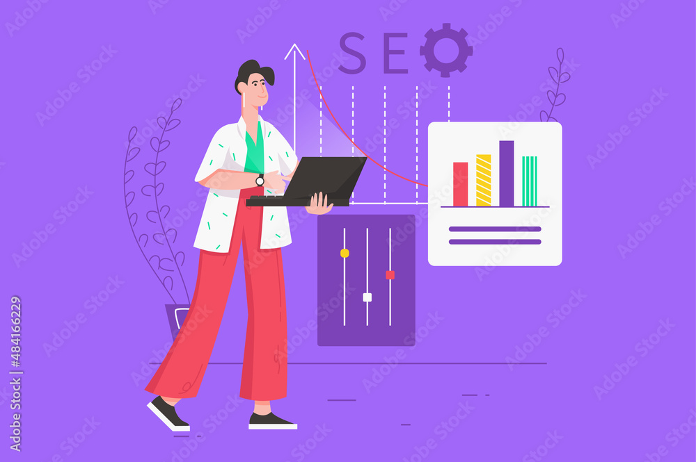 Poster seo optimization service modern flat concept. man working on laptop, analyzes data on queries and ke