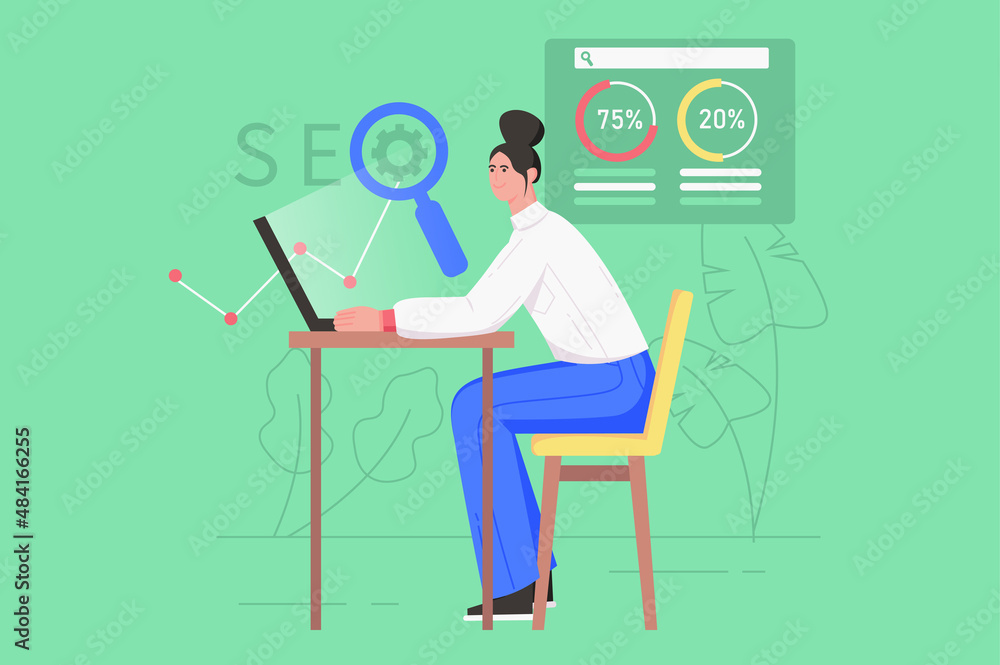 Aufkleber seo optimization service modern flat concept. woman analyzes data and selects keywords, increases we