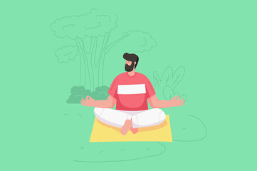 Yoga asana practice modern flat concept. Man sits in lotus position and meditates. Young guy breathes and calms mind while sitting on mat. Vector illustration with people scene for web banner design