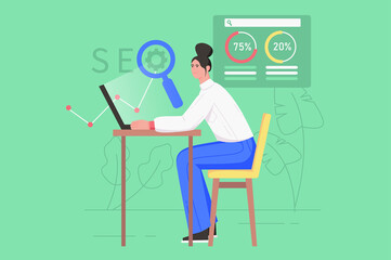 Seo optimization service modern flat concept. Woman analyzes data and selects keywords, increases website traffic and brings them to top. Vector illustration with people scene for web banner design