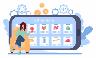 Girl buys groceries in an online store. Woman is sitting in a chair in front of a large smartphone and holding an apple. Online shopping via smartphone application, mobile payment. Vector illustration
