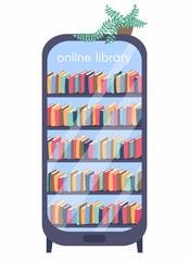 A bookcase in the form of a smartphone. A mobile phone with bookshelves inside. Online library via smartphone application. Vector illustration in flat style, isolated on white background.