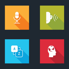 Set Microphone voice device, Ear listen sound signal, Vocabulary and Learning foreign languages icon. Vector