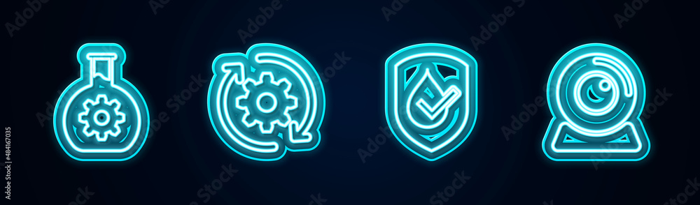 Poster set line bioengineering, gear and arrows as workflow, waterproof and web camera. glowing neon icon. 