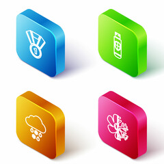 Set Isometric line Medal, USB flash drive and shield, Cloud with snow rain and Air conditioner icon. Vector