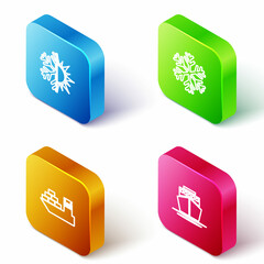 Set Isometric line Sun and snowflake, Snowflake, Cargo ship and Ship icon. Vector