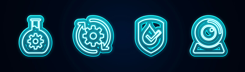 Set line Bioengineering, Gear and arrows as workflow, Waterproof and Web camera. Glowing neon icon. Vector