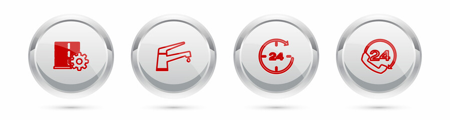 Set line Server setting, Water tap, Clock 24 hours and Telephone support. Silver circle button. Vector