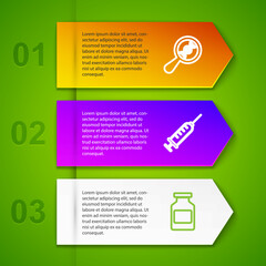 Set line DNA research, search, Syringe, Medicine bottle and . Business infographic template. Vector